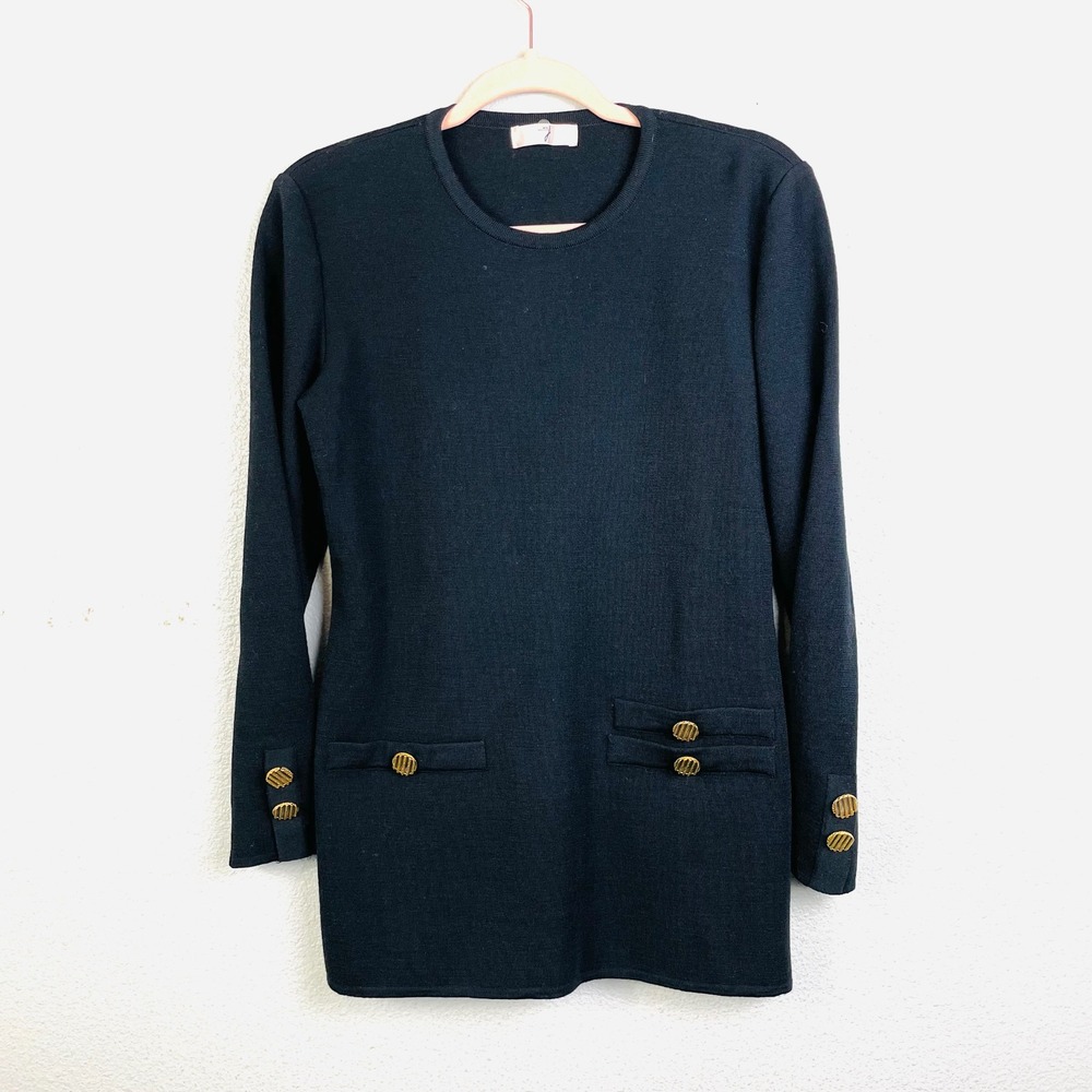 Miss J Knit Dress Gold‎ Button Accents Long Sleeve Black Tunic Top